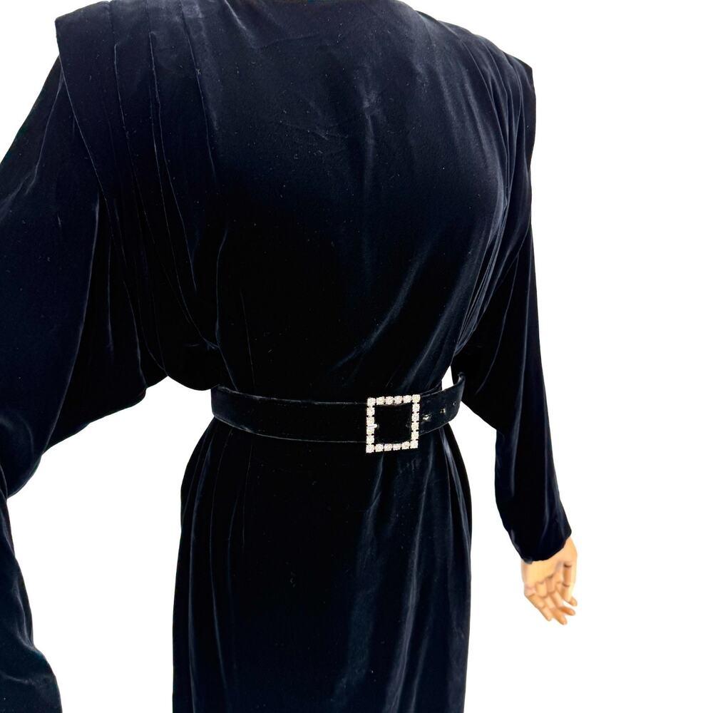 Vintage 80s Liz Claiborne Black Velvet Power Shoulder Glam Midi Dress - Picture 4 of 9